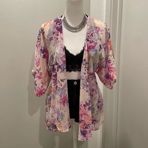 3rd + Malt Pink & Purple Multicolored Floral Mid-Sleeve Boho Kimono Shawl - S
